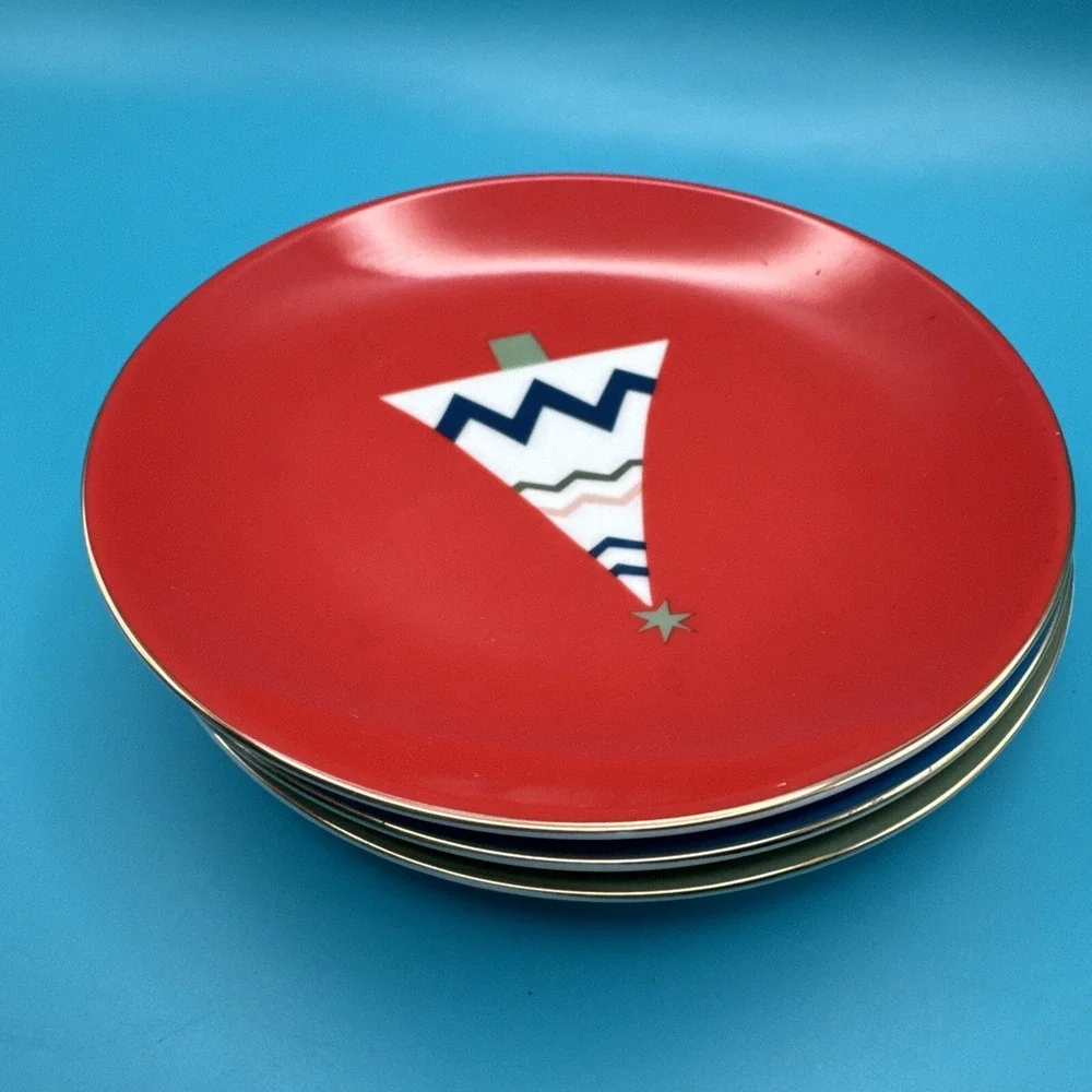 PIER 1 Christmas Tree Plate 3 Colors‎ Holiday Appetizer Canape Dessert 6